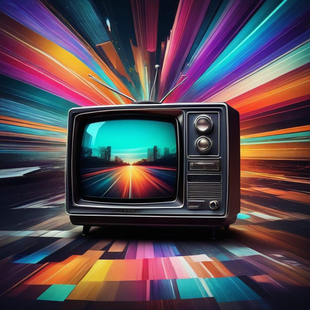 A dynamic collage showcasing the evolution of live videography, featuring a retro television next to modern streaming devices, with vibrant, flowing video streams emanating from both. Incorporate diverse content creators working passionately in front of cameras, surrounded by colorful graphics representing various platforms like Megastreams and 24/7 feeds. The background transitions from vintage to modern styles, illustrating technological progress. super-realistic. vibrant colors. 3D.