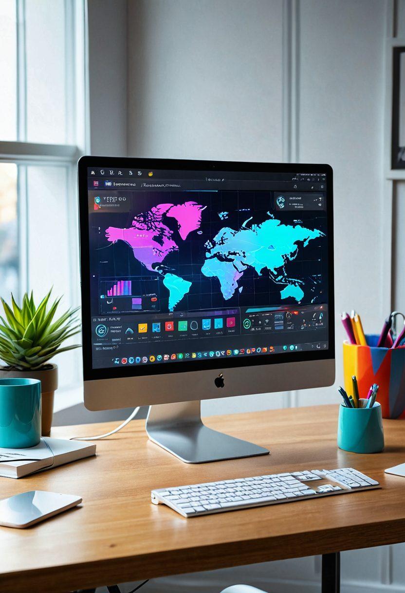 A sleek, high-definition webcam positioned on a stylish desk with a vibrant computer screen displaying an interactive video stream, surrounded by colorful charts and graphs representing real-time data analysis. The scene radiates a dynamic tech atmosphere, with a hint of futuristic elements like holographic interfaces and glowing accents. super-realistic. vibrant colors. 3D.