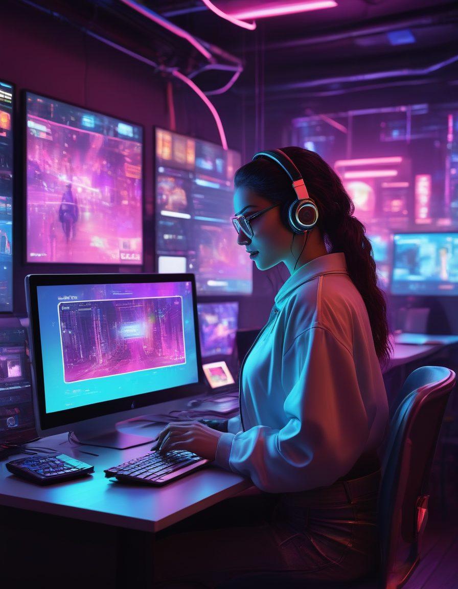 A dynamic scene depicting a lively virtual adult live cam environment, featuring diverse, engaged performers interacting with viewers through screens. Capture the excitement with bright, pulsating lights and an energetic atmosphere, showcasing various streaming devices like laptops and smartphones. Include subtle elements of connection like chat bubbles and emojis to emphasize live interaction. The entire image should evoke a sense of thrill and exploration. vibrant colors. cyberpunk.